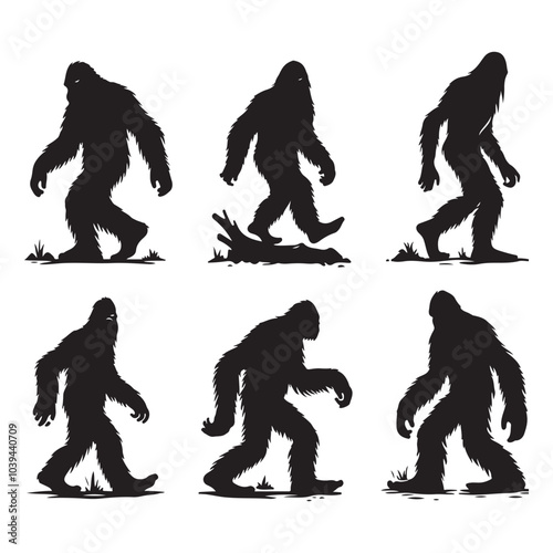 Set of sasquatch silhouettes isolated on a white background, Vector illustration.