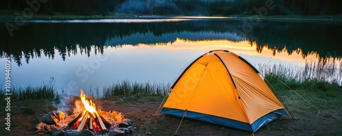 Camping tent near the lake during sunset, with a warm campfire glowing brightly.