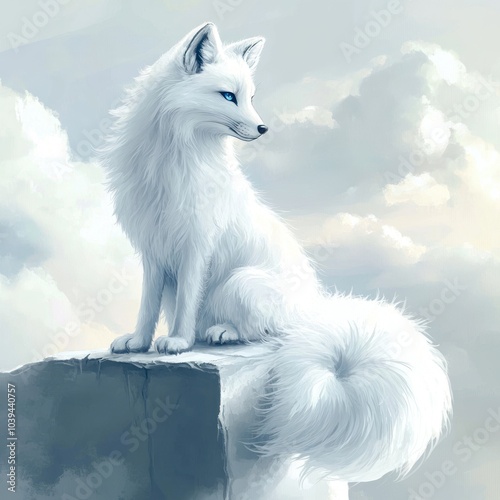 A serene white fox perched on a rocky ledge, gazing into the distance amidst soft clouds.