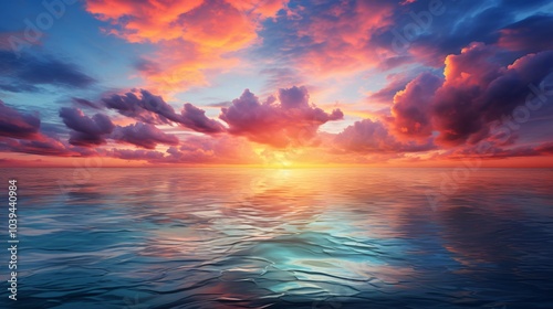 A panoramic view of the sea and sky during sunset with vivid colors