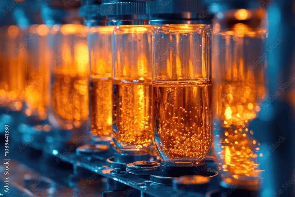 Sparkling beverage bottles illuminated in a production line Sparkling beverage bottles illuminated in a production line