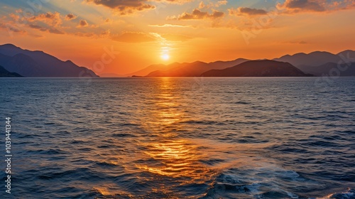 The sun setting behind distant mountains, with the sea and sky in view