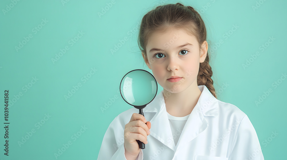 Curious Girl in Lab Coat Holding Magnifying Glass Curious Girl in Lab Coat Holding Magnifying Glass