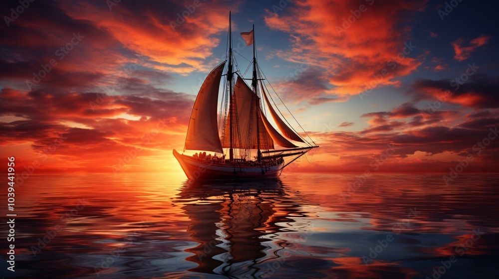 Fototapeta premium A boat floating on the sea with a breathtaking sunset in the background