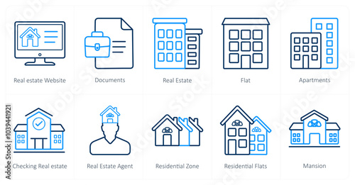 A set of 10 Real Estate icons as real estate website, documents, real estate