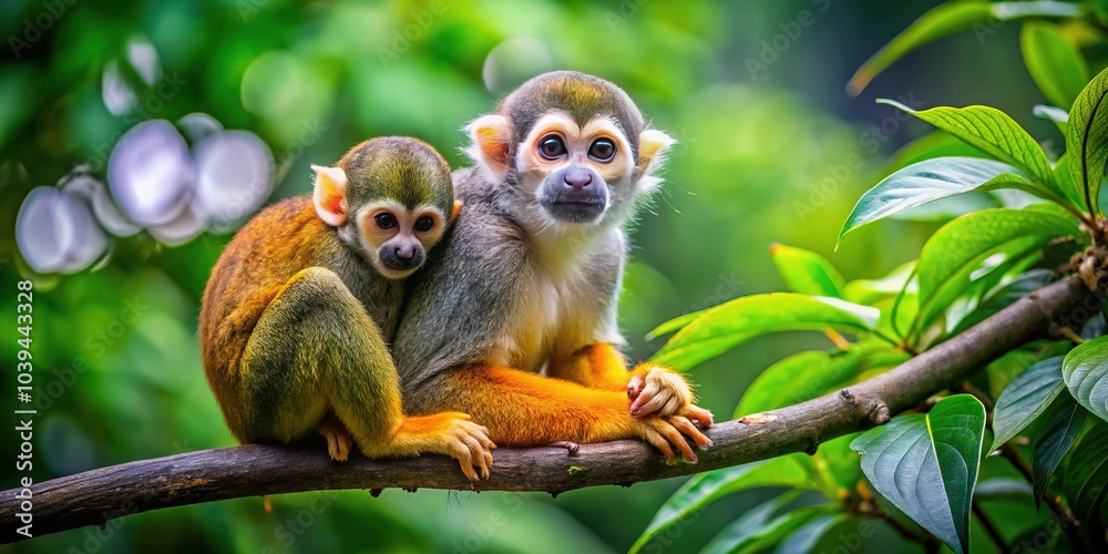 Obraz premium A baby squirrel monkey finds safety and warmth in its mother's embrace deep in the Amazon.