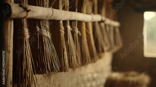 Dried tobacco leaves are neatly arranged and hanging in rows, showcasing their natural texture and color. This rustic setting evokes sense of tradition and craftsmanship