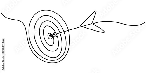 Continuous drawing of a single editable target line in the center with an arrow. Concept for the business of hitting the target. Vector illustration, Continuous drawing of a single target line