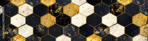 Grungy hexagonal tile pattern with black, white, and gold splatter textures. Banner or header design