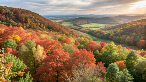 Aerial View of Colorful Autumn Forest in Rolling Hills..