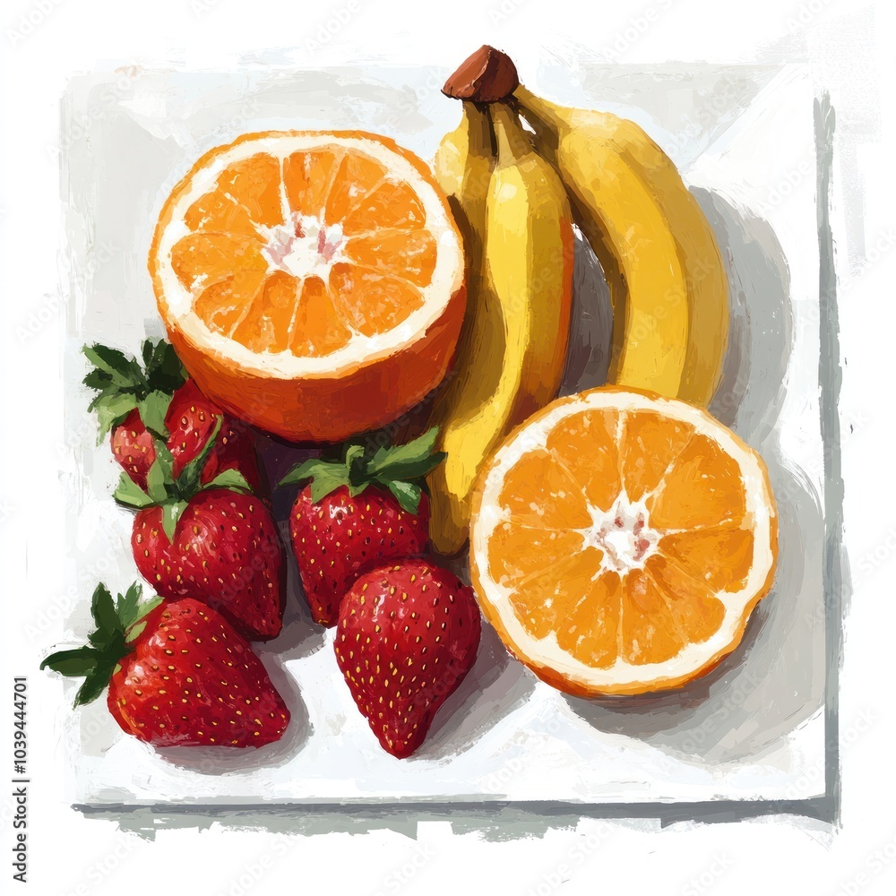 A plate featuring sliced oranges, bananas, and strawberries, showcasing fresh fruit. A plate featuring sliced oranges, bananas, and strawberries, showcasing fresh fruit.