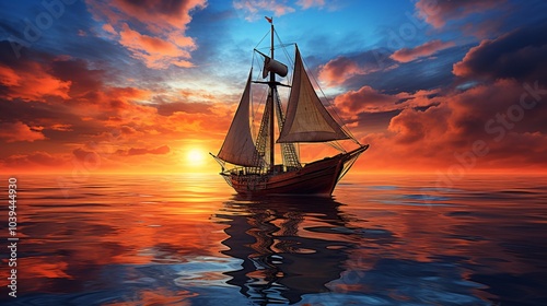 Fototapeta Naklejka Na Ścianę i Meble -  A boat floating on the sea with a breathtaking sunset in the background