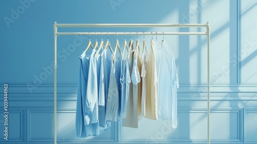 Beautiful clothes hanging on hangers on a light blue background and shadow from the window