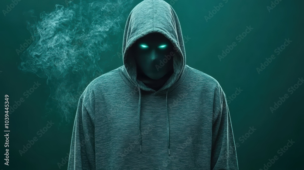 Enigmatic Hooded Figure with Glowing Eyes in Swirling Mist - Dark and Mysterious Fantasy Concept Enigmatic Hooded Figure with Glowing Eyes in Swirling Mist - Dark and Mysterious Fantasy Concept