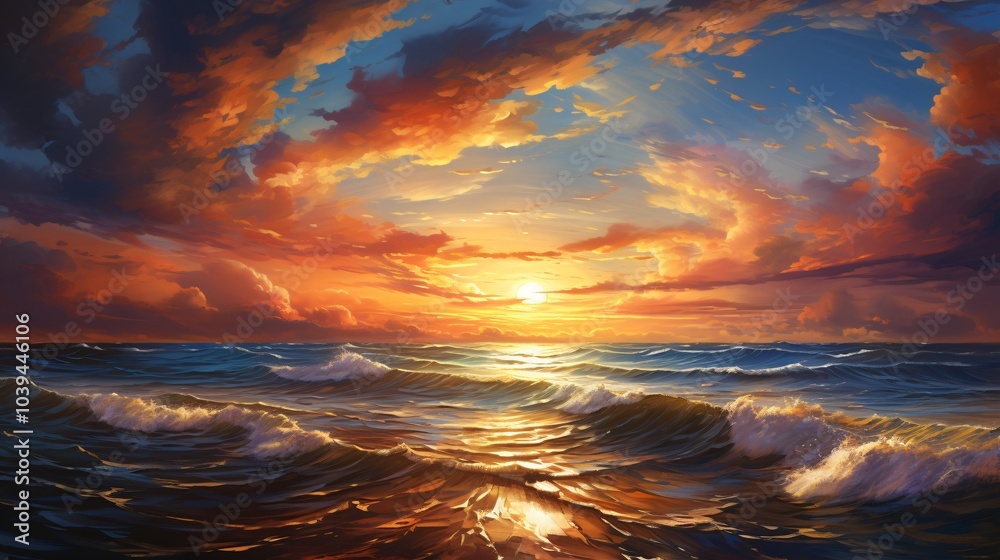 Obraz premium A dramatic sunset with the sky painted in warm tones over the sea