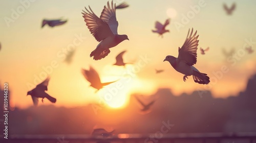 Urban Rooftop Scene with Pigeons at Sunset