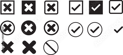 Right or wrong icons. Green tick and red cross checkmarks. Yes or no symbol, approved or rejected icon for user interface.