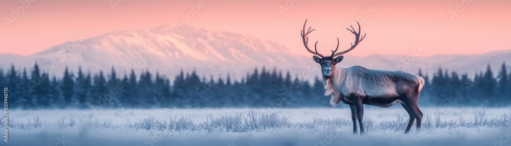 Single reindeer with intricately branched antlers, standing alone in a frozen arctic wilderness, dramatic cold scenery, Reindeer, Arctic, Antlers, Wilderness