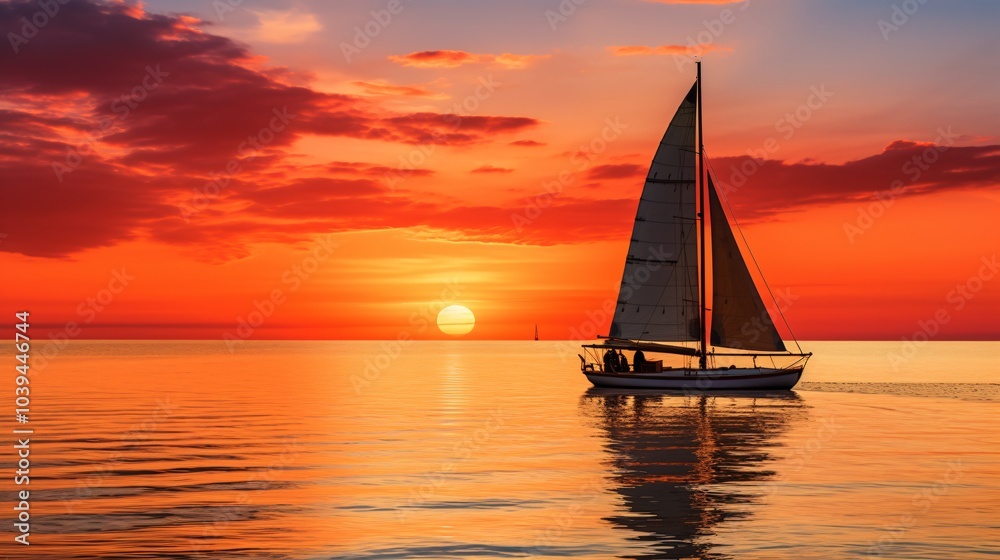 Fototapeta premium A lone sailboat silhouetted against a stunning sunset on the sea