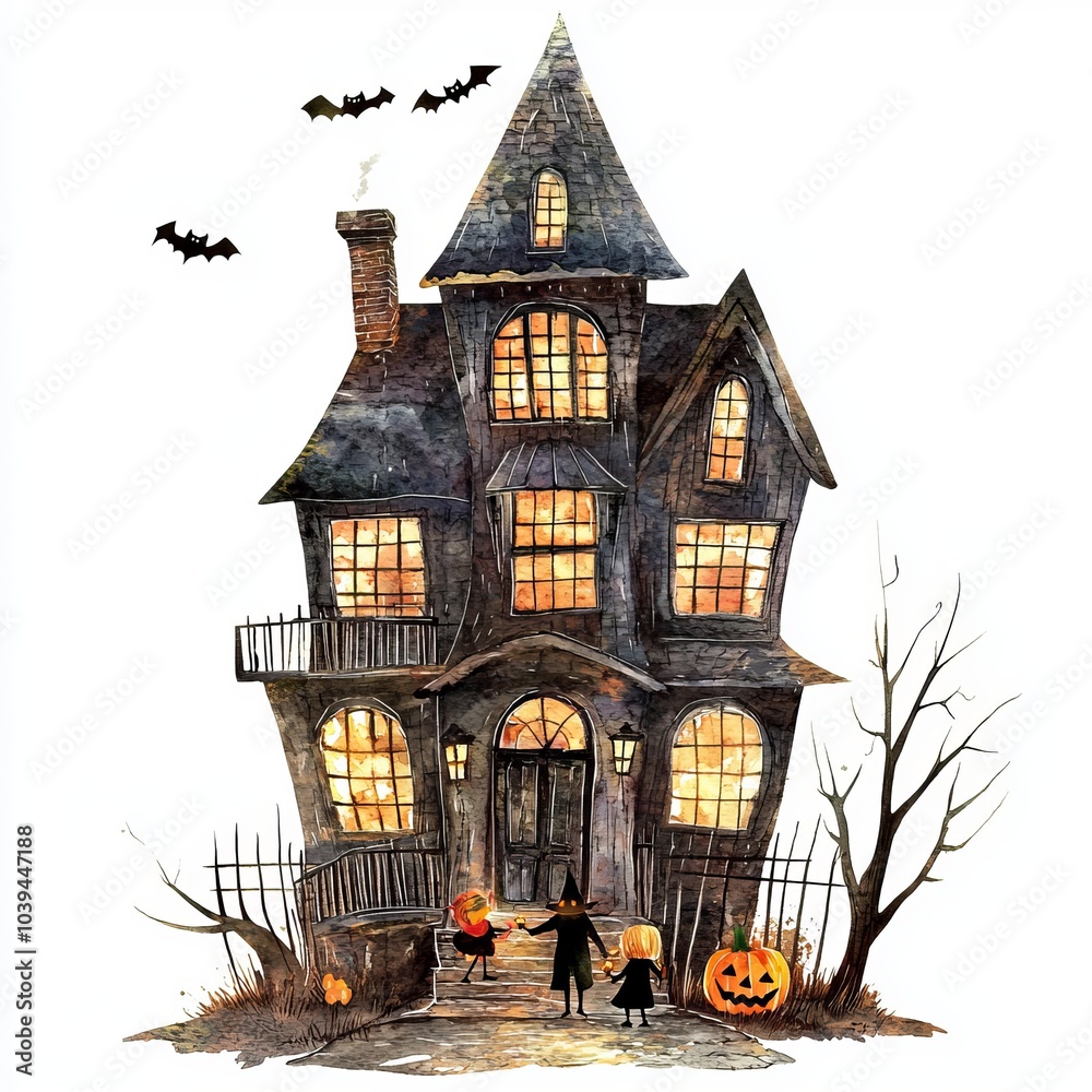 watercolor painting of a spooky house with trick-or-treaters at the door, on isolated white background watercolor painting of a spooky house with trick-or-treaters at the door, on isolated white background
