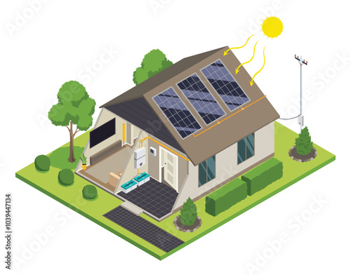Solar cell home isometric. Renewable energy model equipment, component of grid inverter system. Ecology energy saving concept for free energy. House power energy supply