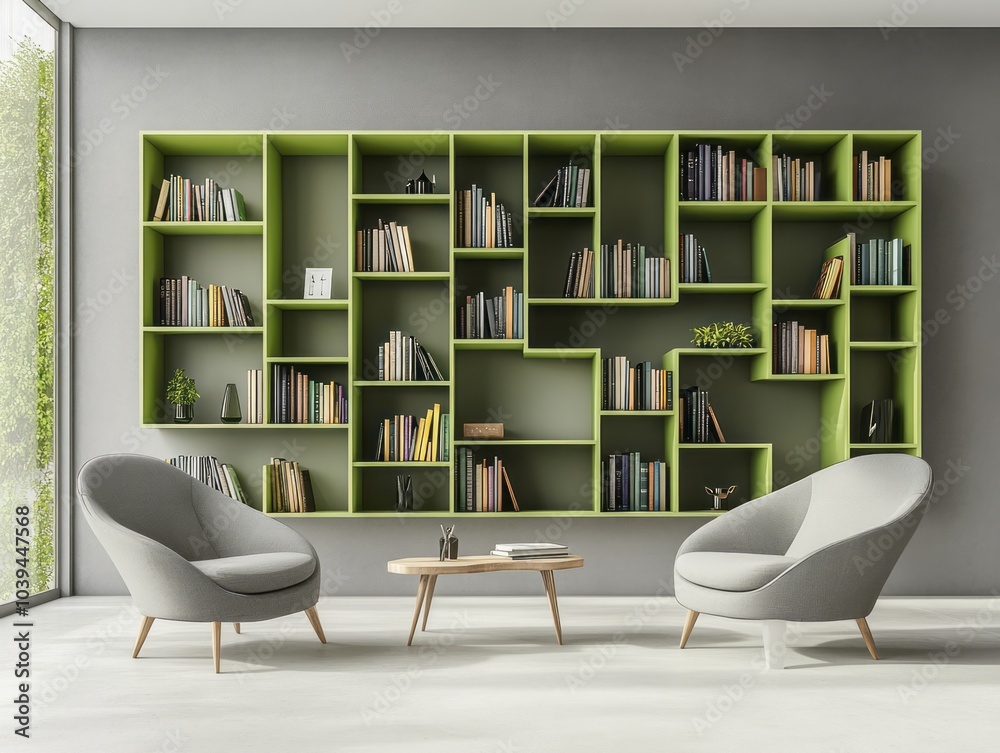 Modern library with sage green shelving units and grey accents Modern library with sage green shelving units and grey accents
