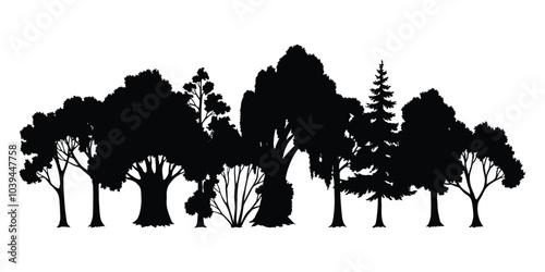 Trees black silhouettes, natural wild landscape. Refined digital illustration capturing essence of tree in striking black silhouette. Vector foreground of woodlands