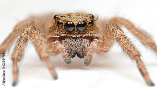  A tight shot of a jumping spider against a white backdrop, with a softly blurred background to the right