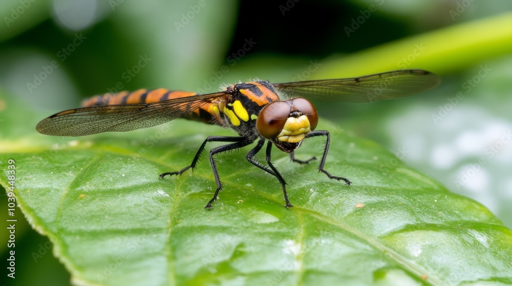  A tight shot of a fly perched on a wet leaf, with water droplets on its wings and legs
