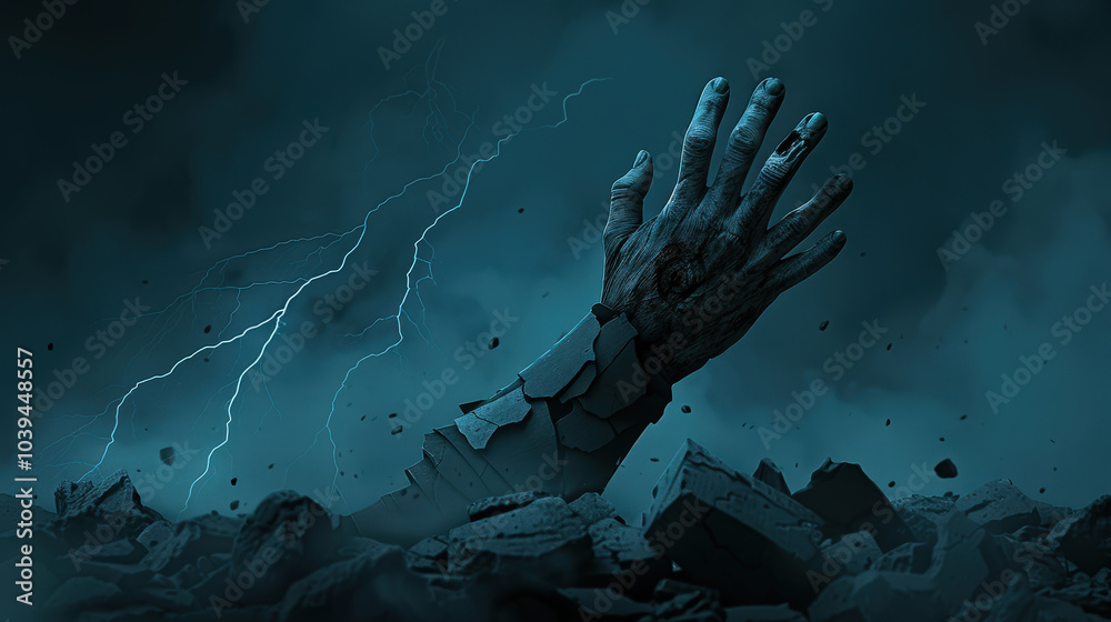 Fototapeta premium decayed hand reaches from cracked earth, symbolizing struggle and despair amidst stormy backdrop. dramatic lighting and textures evoke sense of urgency and haunting beauty