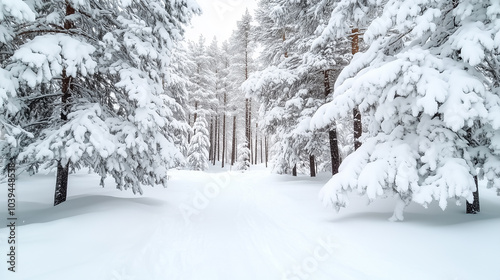 Fresh snow blankets the ground and branches, creating a peaceful winter wonderland in the frosty atmosphere