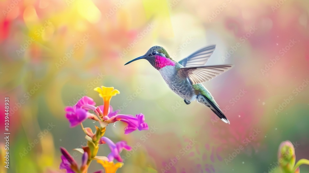 Fototapeta premium Vibrant Hummingbird Hovering Near Colorful Flowers