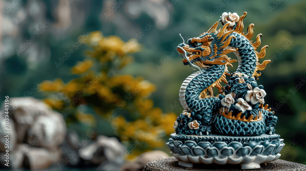 Fototapeta premium vibrant and intricate naga statue coiling gracefully, showcasing detailed craftsmanship and colorful designs. serene background enhances its majestic presence