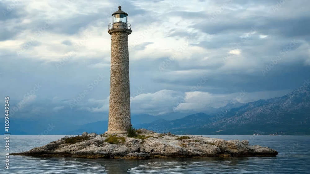 Serene Lighthouse on Rocky Island Under Cloudy Sky