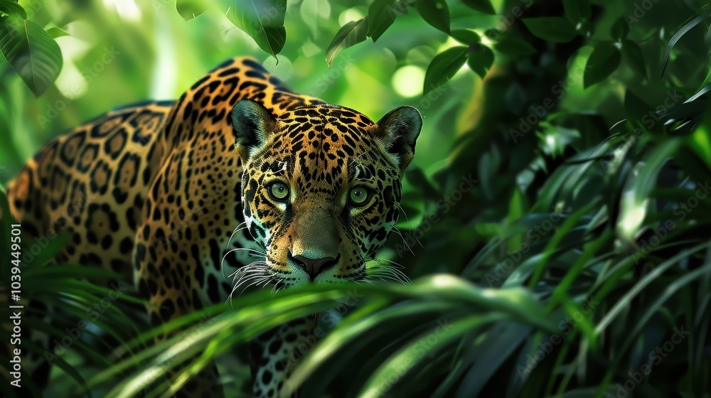 Stealthy Jaguar in Dense Rainforest Scene Stealthy Jaguar in Dense Rainforest Scene