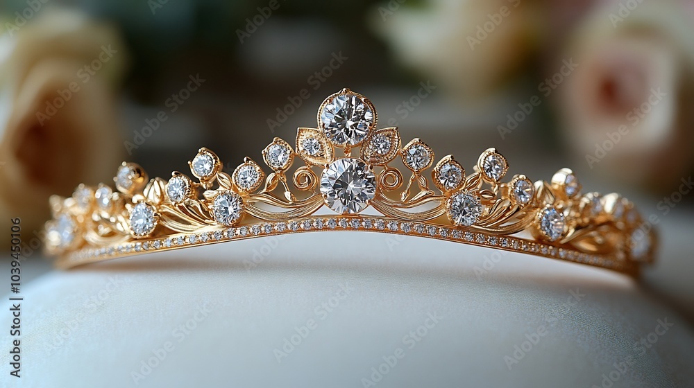 Refined and simple gold tiara with clean lines and small diamond accents isolated on a neutral surface emphasizing its understated elegance Refined and simple gold tiara with clean lines and small diamond accents isolated on a neutral surface emphasizing its understated elegance