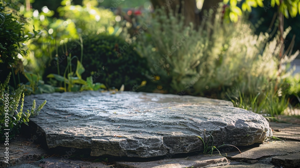 flat stone podium on a rock platform serves as a stylish showcase against a backdrop of verdant forest scenery