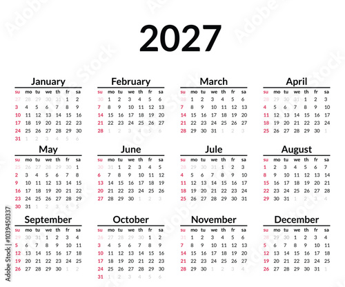 2027 calendar. Week starts on Sunday. Simple calendar layout. Yearly diary. Minimal stationery template with 12 months, in English. Pocket or wall formats
