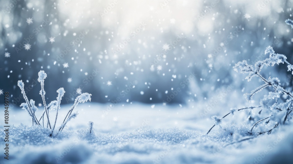 Snowy Landscape with Delicate Snowflakes Falling Snowy Landscape with Delicate Snowflakes Falling