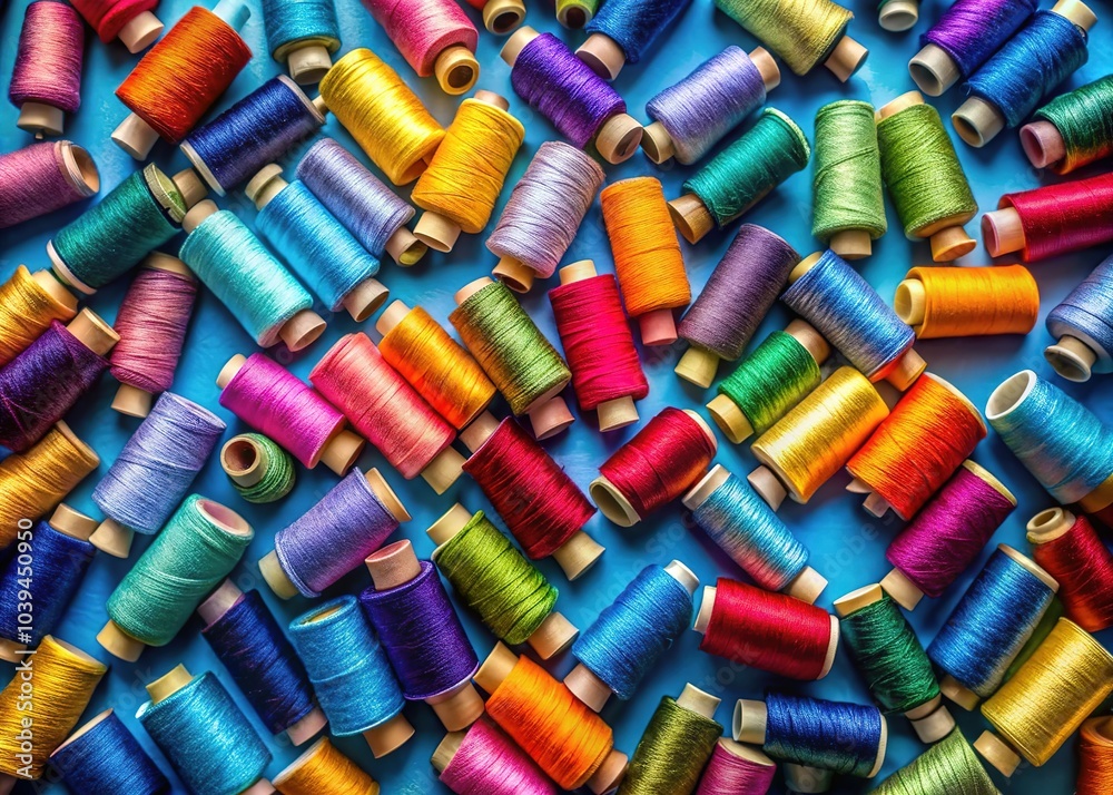 Abstract thread art explodes with color against a serene blue background, captured in a surreal photograph. Abstract thread art explodes with color against a serene blue background, captured in a surreal photograph.