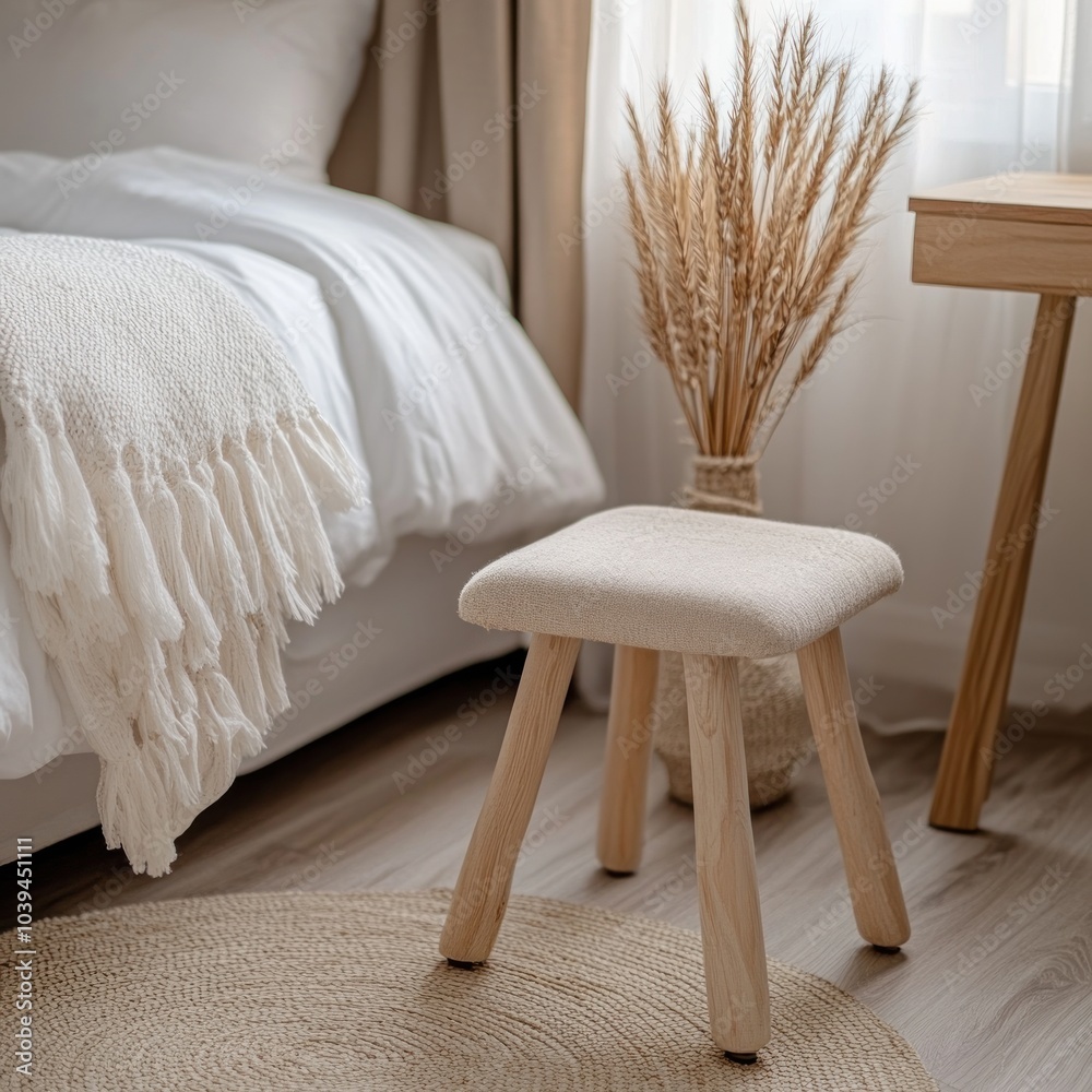 A cozy bedroom scene featuring a minimalist stool, decorative plant, and soft textiles.