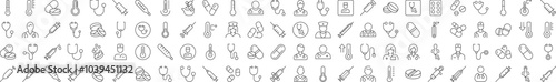 Collection of Line Icons of Syringe, Stethoscope, Pills, Thermometer, Doctor Drawn with Thin Line for apps, web sites, banners, infographics and other types of design