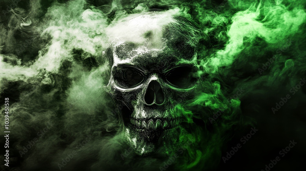 A skull encircled by green smoke floats against a backdrop of black and green smoky expanse, its location signified by the image's center A skull encircled by green smoke floats against a backdrop of black and green smoky expanse, its location signified by the image's center