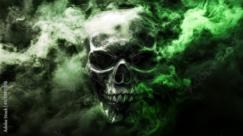  A skull encircled by green smoke floats against a backdrop of black and green smoky expanse, its location signified by the image's center