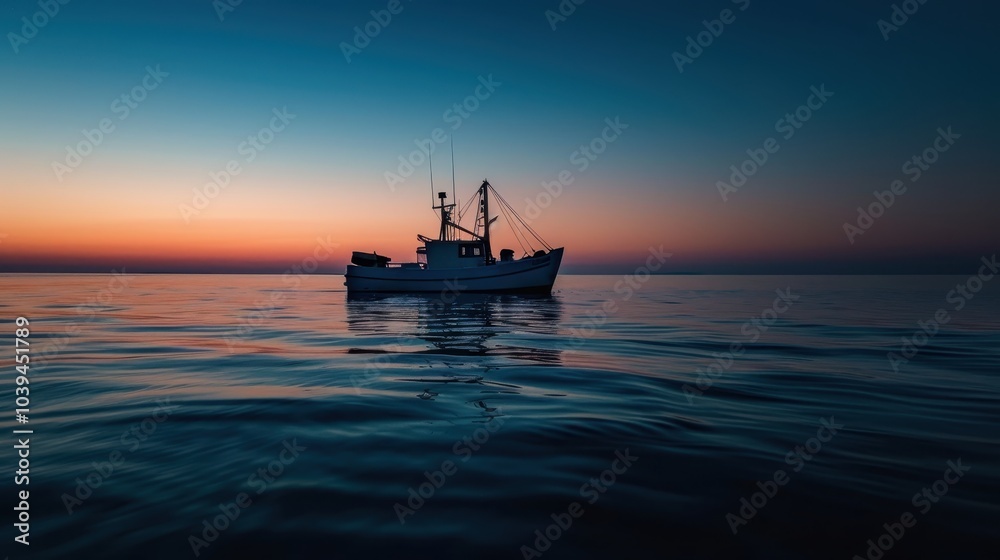 Tranquil Fishing Boat on Calm Sea at Dawn Tranquil Fishing Boat on Calm Sea at Dawn
