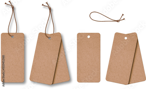 blank craft paper clothing label or price tag on string isolated set