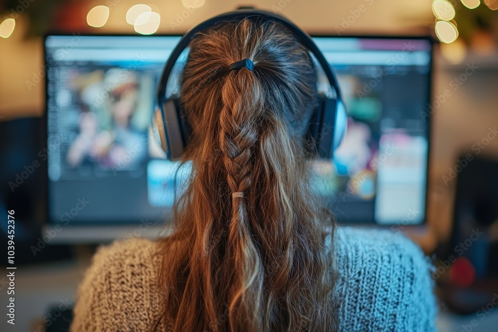 Young female vlogger editing her vlog on computer, Generative AI