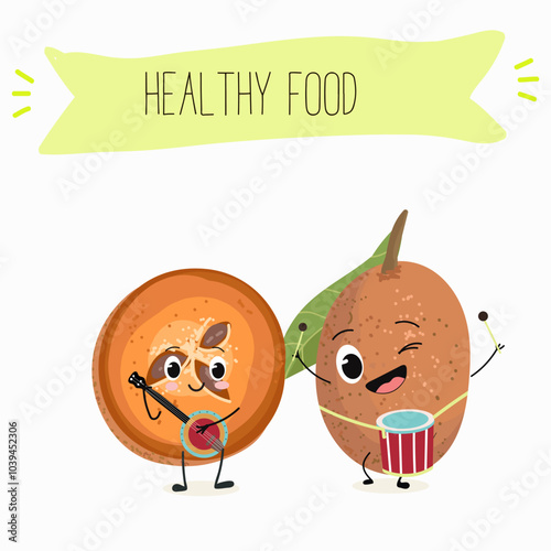 Cute sapodilla characters, funny fruits, different activities. Flat vector illustration. Organic food, healthy food, illustrations for kids menu, invitations.