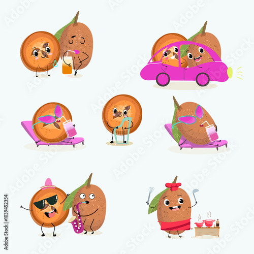 Cute sapodilla characters, funny fruits, different activities. Flat vector illustration. Organic food, healthy food, illustrations for kids menu, invitations.