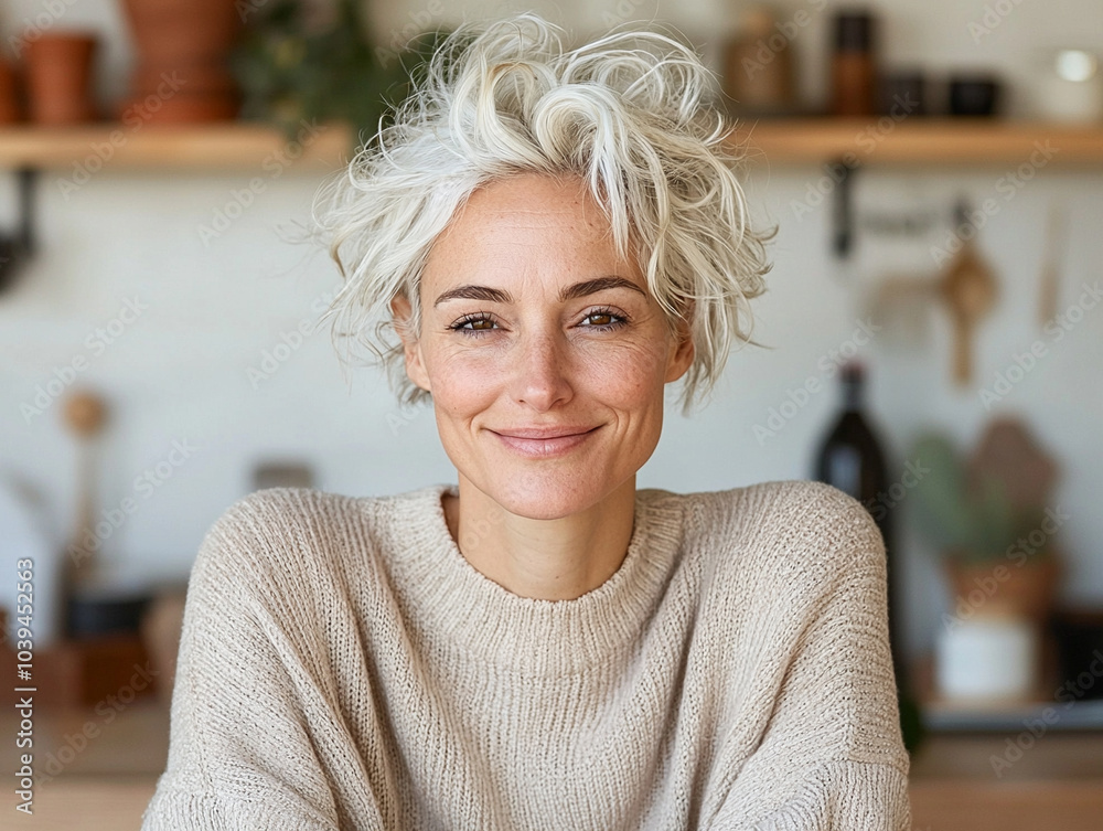 Cheerful blonde woman in beige sweater smiling brightly in cozy indoor setting with natural elements Cheerful blonde woman in beige sweater smiling brightly in cozy indoor setting with natural elements